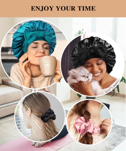 2+3 Large Satin Bonnets with Scrunchies for Women, Hair Bonnet Sleeping Tie Bonnet for Braids Curly Hair - color: B - Black, Teal