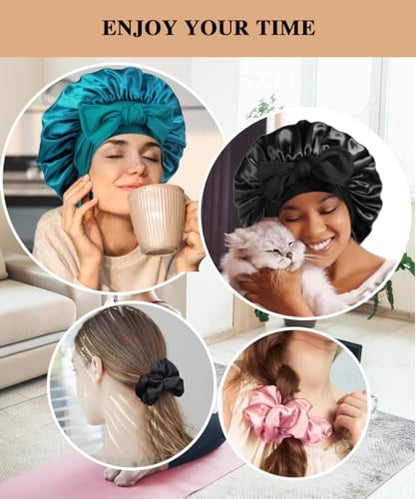 2+3 Large Satin Bonnets with Scrunchies for Women, Hair Bonnet Sleeping Tie Bonnet for Braids Curly Hair - color: B - Black, Teal