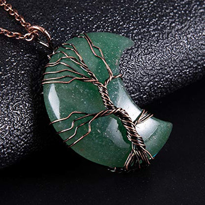 Bivei Life Tree Crescent Moon Necklaces for Women | Copper Wire Wrap Gemstones Pendant Crystals and Natural Stones Necklace Witch Jewellery Christmas Valentine's Day for Friends - color: Green - Green Aventurine, style: Pack of 1
