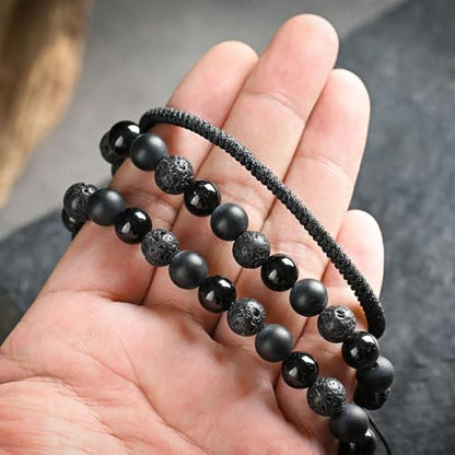 SAMXY Triple Protection Bracelet, 8mm Healing Crystal Bead Bracelet, 3pcs Blue Red Tiger's Eye Obsidian Hematite Bracelet Women Men - color: 3pc-obsidian