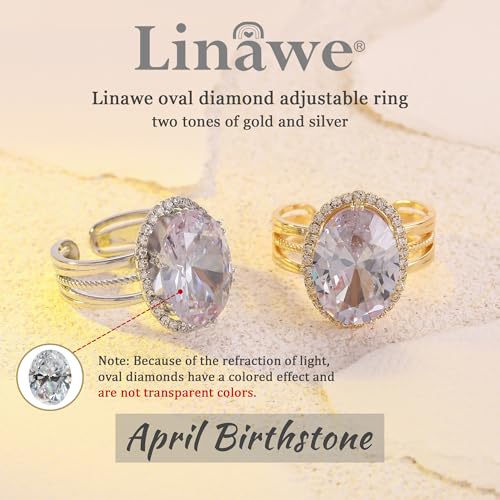 Linawe Costume Jewelry Adjustable Cocktail Ring for Women | Copper, Rhinestone, Cubic Zirconia, Oval, Fake Diamond, Crystal, Stone, Birthstone, Gemstone, Big, Chunky, Statement - color: White Clear