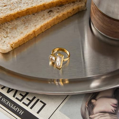 Cubic Zirconia Square Gold-Tone Statement Ring for Women Hypoallergenic Stainless Steel Adjustable Stackable Charm Geometric Open Band Wrap Finger Rings Comfort Fit Fashion Holiday Party Prom Jewelry