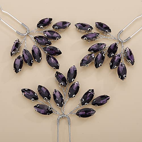 Teyglen 3pcs Bridal Crystal Hair Pins Rhinestones Hair Pieces Simple Crystal Wedding Hair Accessories Handmade Hair Pins for Women Bride Girls (Dark Purple) - color: Dark Purple