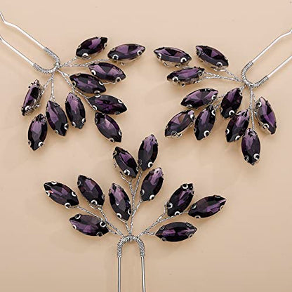 Teyglen 3pcs Bridal Crystal Hair Pins Rhinestones Hair Pieces Simple Crystal Wedding Hair Accessories Handmade Hair Pins for Women Bride Girls (Dark Purple) - color: Dark Purple