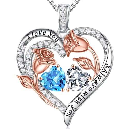 Iefil Birthstone Necklace for Women - Rose Heart Necklace | 925 Sterling Silver, Gift Box Packaging, Anniversary Birthday Gifts for Wife Mom Daughter - color: 03-04-Mar-Apr Birthstone