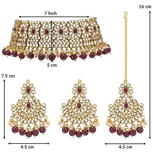 Aheli Faux Pearl Choker Necklace with Earrings Indian Traditional Bollywood Jewelry Set Gift for Women - color: Maroon