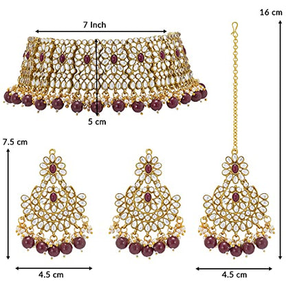 Aheli Faux Pearl Choker Necklace with Earrings Indian Traditional Bollywood Jewelry Set Gift for Women - color: Maroon