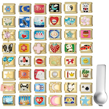 Stainless Steel Italian Charm Bracelet, 18 Link Starter Bracelet 9mm Charms | Italian Charm Bracelet with 9Pcs/20Pcs Charms and Opening Tools, Classic 9mm Modular Charm, Personalized Jewelry Gift - color: Random 20Pcs Gold
