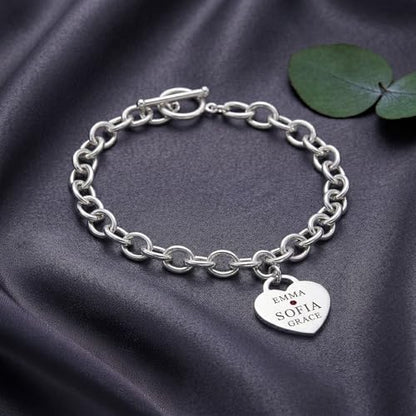 Personalized Name Heart Charm Bracelet for Women | Customized Charm ID Name Bracelet with Custom Birthstone | Customized Jewelry Gift for Her