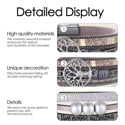 Leather Wrap Bracelets for Women, Boho Leopard Multi-Layer Crystal Beads Cuff Jewelry - color: J-Warp-005