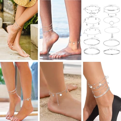 12pcs Gold/Silver Ankle Bracelets for Women Layered Waterproof 14k Cuban Link Chain Anklets Set Adjustable Dainty Summer Beach Gold Accessories Boho Bracelet Jewelry - style: 10PCS Style C