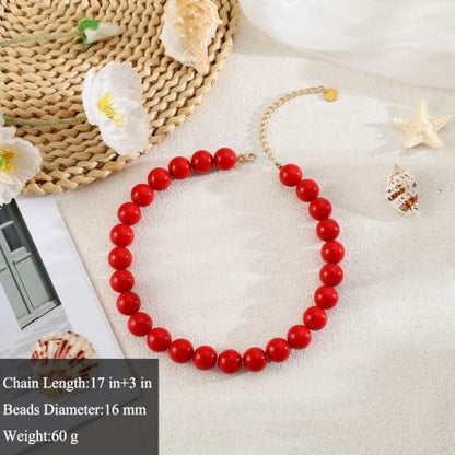 Chunky Beaded Necklace for Women 16mm Round Bead Resin Modern Statement Necklace Jewelry Accessories - color: red