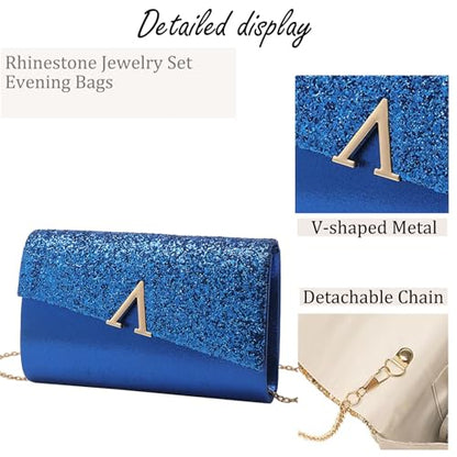 YYW 4 Pieces Women Evening Handbags Clutch Purse Bag with Rhinestone Crystal Jewelry Set for Wedding Party - color: royal blue