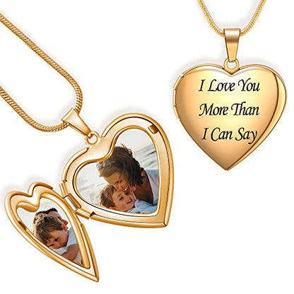 Farfume Personalized Photo Necklace for Women/Men, Memorial Jewelry Gifts | Holds 2 Pictures Pendant, Custom Engraved Text, Beautiful Locket for Girls, Durable Stainless Steel, Mothers Day Gifts - color: Heart Locket Gold