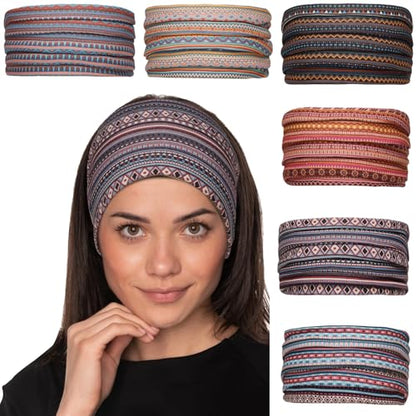 Cobahom 6 PCS Wide Headbands for Women's Hair 9.85 Inch Boho Head Bands | Sport Sweat Stretchy Hair Bands Non Slip Twist Knotted Headbands Cute Soft Headband for Running Workout (Boho Stripe)
