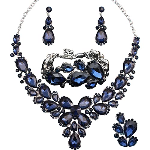 Women's Wedding Bridal Austrian Crystal Glass Teardrop Statement Necklace Dangle Earrings Bracelet Ring Wedding Party Jewelry Set for Bridal Bridesmaid - color: Blue-Platinum Plated