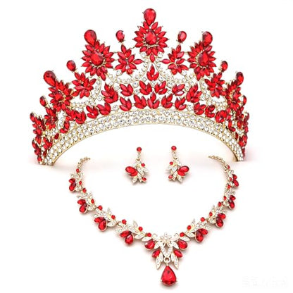 Crowns and Tiaras Jewelry Set for Women.Wedding (Gold Green) | Wedding Crown, Necklace Earrings, Princess Queen Birthday Party, Pageant Bridal, Costume Accessories - color: Gold Red