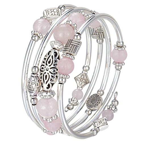 BULINLIN Layered Wrap Bangle Turquoise Bracelet - Bead Bracelet with Natural Agate Stone, Gifts For Women - color: 03-Pink