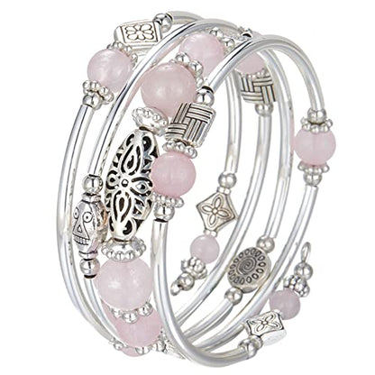 BULINLIN Layered Wrap Bangle Turquoise Bracelet - Bead Bracelet with Natural Agate Stone, Gifts For Women - color: 03-Pink