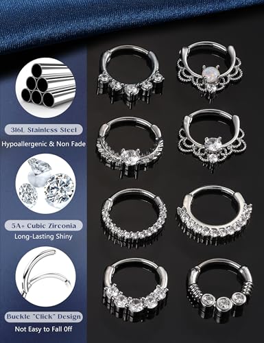 8PCS 16G Septum Clicker Ring Stainless Steel CZ Opal Cartilage Helix Tragus Hoop Daith Earrings Nose Rings Hoop Hinged Segment Clicker Ring Piercing Jewelry - color: silver tone 10mm