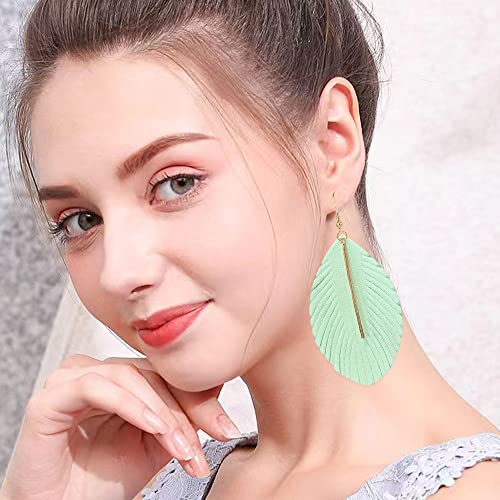 GBAHFY Feather Leather Layered Fringe Earrings for Women Boho Genuine Lightweight Leather Leaf Tassel Dangle Statement Earrings with Metal Bar - color: Light Green