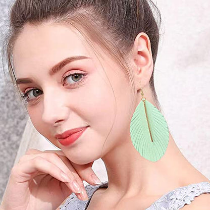 GBAHFY Feather Leather Layered Fringe Earrings for Women Boho Genuine Lightweight Leather Leaf Tassel Dangle Statement Earrings with Metal Bar - color: Light Green