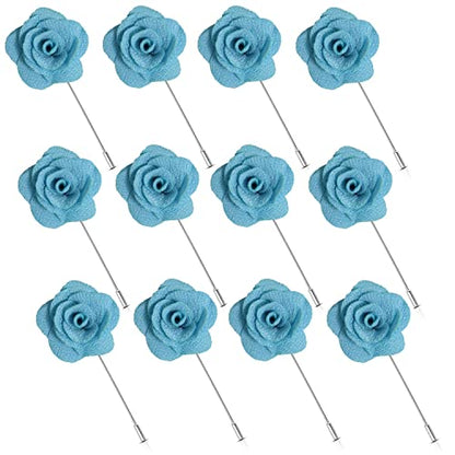12 Pcs Flower Lapel Pins, Handmade Camellia Flower Boutonniere for Men Women Suit Wedding Party - color: 12X Light blue