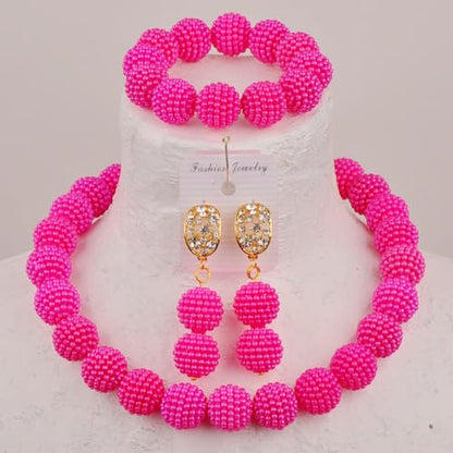 Nigerian Wedding African Beads Jewelry Set Women Simulated Pearl Necklace and Earrings - color: Hot Pink