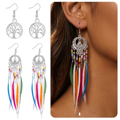 Molain 2Pairs Boho Beaded Feather Earrings for Women, Ethnic Retro Western Tree of Life Beaded Tassel Dangling Earrings Country Jewelry for Birthday Party Gifts