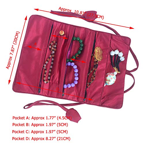 Travel Jewelry Roll Bag - Embroidered Brocade Pouch for Rings, Necklaces, Earrings, Bracelets | Lightweight & Tie Closure (Wine Red) - color: Wine Red