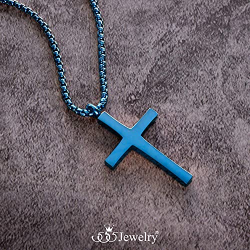 555Jewelry Stainless Steel Cross Adjustable Rolo Chain Pendant Necklace 16-28'' Inches - color: Blue