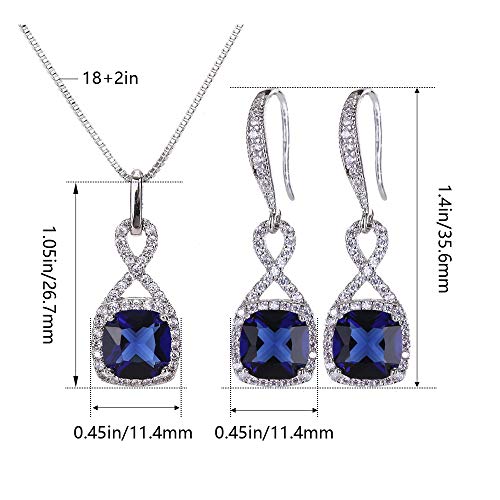 AMYJANE Crystal Jewelry Set for Women - Sterling Silver Square Cubic Zirconia CZ Bridal Pendant Necklace Earrings Set for Wedding Bride Bridesmaids Birthstone Fashion Jewelry Set - color: Sapphire