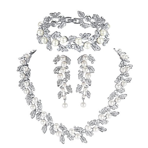 Simulated Pearl Leave Floral Bridal Jewelry Sets, Crystal Wedding Necklace Earrings Bracelet Sets Jewelry Engagement Gift - color: B-Clear