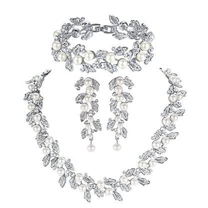 Simulated Pearl Leave Floral Bridal Jewelry Sets, Crystal Wedding Necklace Earrings Bracelet Sets Jewelry Engagement Gift - color: B-Clear