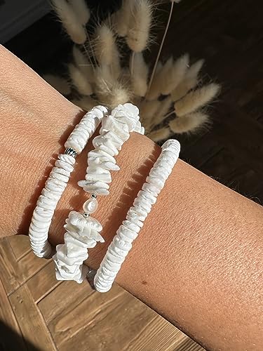 POTESSA Healing Stone Beaded Bracelets for Women Semi-Precious Gemstones Bracelets Pearl Beaded Bracelet Adjustable Strand Bracelets 6MM - color: Puka Shell