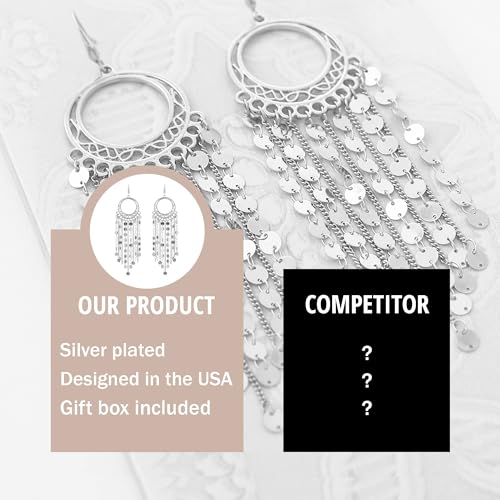 Bohemian Boho Tassel Dangle Drop Earrings for Women – Lightweight Filigree Gypsy Coin Chandelier Disc Charm Hoops – included Gift Box - style: Round - Silver