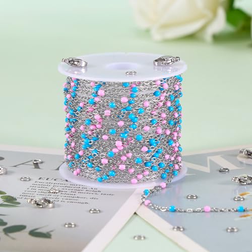 5M Pink and Blue Beaded Jewelry Chains for Crafts DIY with Clasps Supplies | Silver Cable Chain Spool on Bulk Stainless Steel Jewelry Making Chains for Handcraft Make - color: silver-blue pink