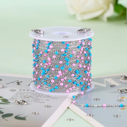 5M Pink and Blue Beaded Jewelry Chains for Crafts DIY with Clasps Supplies | Silver Cable Chain Spool on Bulk Stainless Steel Jewelry Making Chains for Handcraft Make - color: silver-blue pink