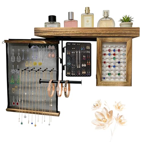 Jewelry Organizers and Storage, Wooden Wall Hanging Jewelry Holder | Retractable reinforced mesh, multi-grid classified storage, wooden top shelf, modern farmhouse boho decor for bedroom vanity