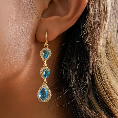 18K Gold Plated Flower Dangle Earrings for Women, Hypoallergenic Cubic Zirconia Earrings, Elegant CZ Drop Earrings, Statement Jewelry Gifts Party Fashion - style: OBS0354-Blue