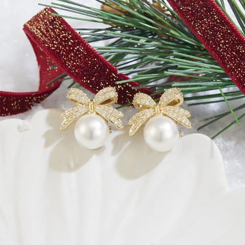 YOQUCOL Golden Bow Clip On Stub,Danle Drop Earrings for Women Simulated Pearl Christmas Xmas Bowknot Non Pierced Earrings - color: Stud Clip-03