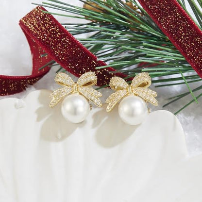 YOQUCOL Golden Bow Clip On Stub,Danle Drop Earrings for Women Simulated Pearl Christmas Xmas Bowknot Non Pierced Earrings - color: Stud Clip-03