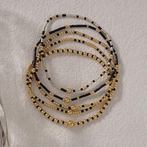14K Gold Plated Beaded Bracelets Stack Set for Women,Stretch Boho Ball Jewelry Friendship Trendy - color: Gold Black Beaded