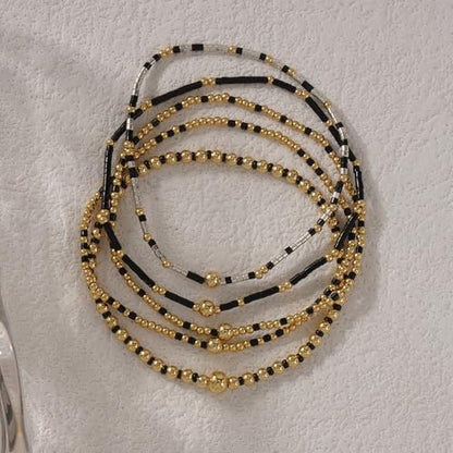 14K Gold Plated Beaded Bracelets Stack Set for Women,Stretch Boho Ball Jewelry Friendship Trendy - color: Gold Black Beaded