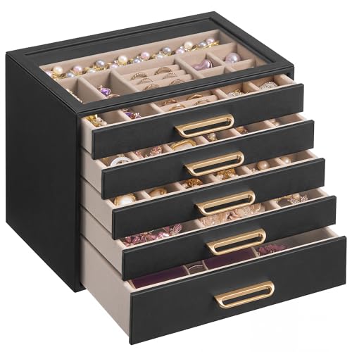 SONGMICS Jewelry Box with Glass Window, 5-Layer Organizer | Jewelry storage organizer with 5 drawers, Golden Handles, for Rings, Earrings, Bracelets, Gift Idea, Black UJBC205BZ02S - color: Black, size: 5-Tier