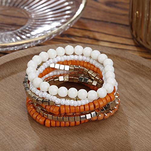 LUREME Boho Multi Strand Stackable Stretch Bracelet Set Wooden Cube Alloy Bead Bangle bl003172 - color: Orange