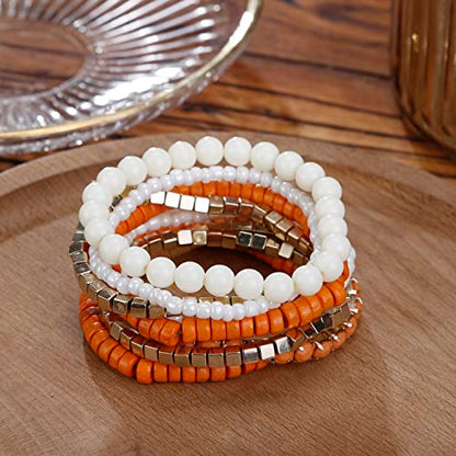 LUREME Boho Multi Strand Stackable Stretch Bracelet Set Wooden Cube Alloy Bead Bangle bl003172 - color: Orange