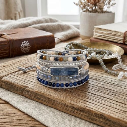 YGLINE Boho Handmade Wrap Leather Tube Crystal Stone Bracelet for Women - color: Topaz