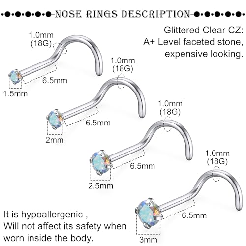 18G 20G 22G Titanium Stainless Surgical Steel Nose Rings Studs for Women L Shaped Nose Studs Screw Nose Ring Piercing Jewelry for Women Men Diamond CZ 1.5mm 2mm 2.5mm 3mm Silver Black Gold - style: 18g/AB CZ/Screw/Titanium