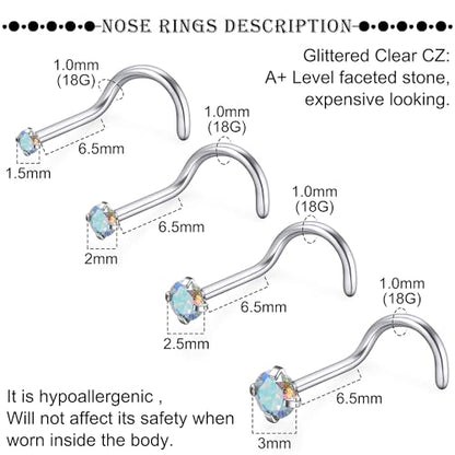 18G 20G 22G Titanium Stainless Surgical Steel Nose Rings Studs for Women L Shaped Nose Studs Screw Nose Ring Piercing Jewelry for Women Men Diamond CZ 1.5mm 2mm 2.5mm 3mm Silver Black Gold - style: 18g/AB CZ/Screw/Titanium
